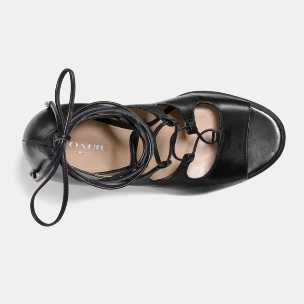 COACH Kira Lace-Up Black Leather Heels - Picture 2 of 14
